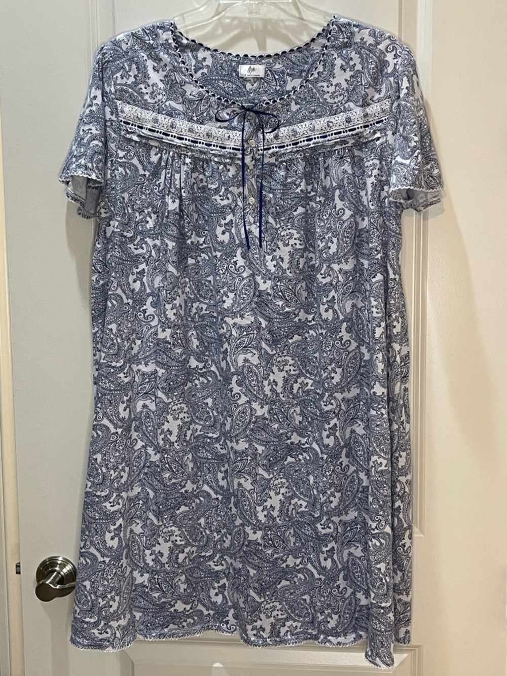 Aria Nightgown Navy & White Paisley with Lace Trim and Satin Ribbon XL
